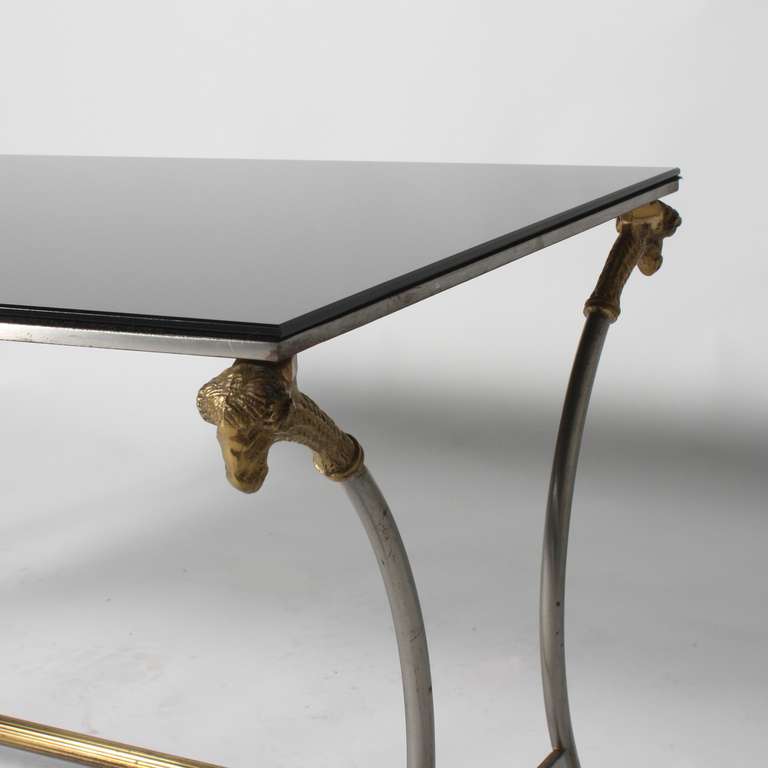 French Bronze Coffee Table With Opaline And Ram’s Head Feet Attributed To Jansen, C. 1940