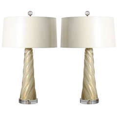 Pair Of Ivory And Gold Swirl Barovier And Toso Murano Lamps, C. 1950