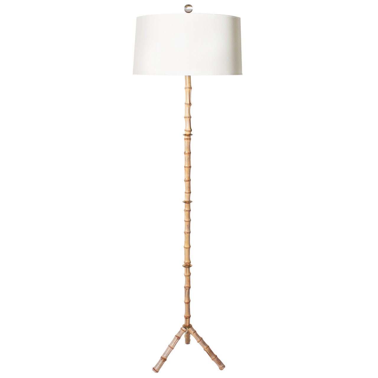 Wooden Bamboo Floor Lamp with Brass Accents, circa 1960