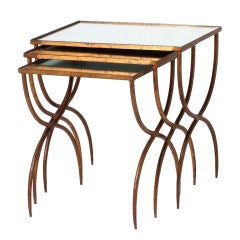 Set of 3 gold leaf nesting tables with mirrored tops