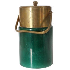 Green parchment Aldo Tura ice bucket with bronze detailing