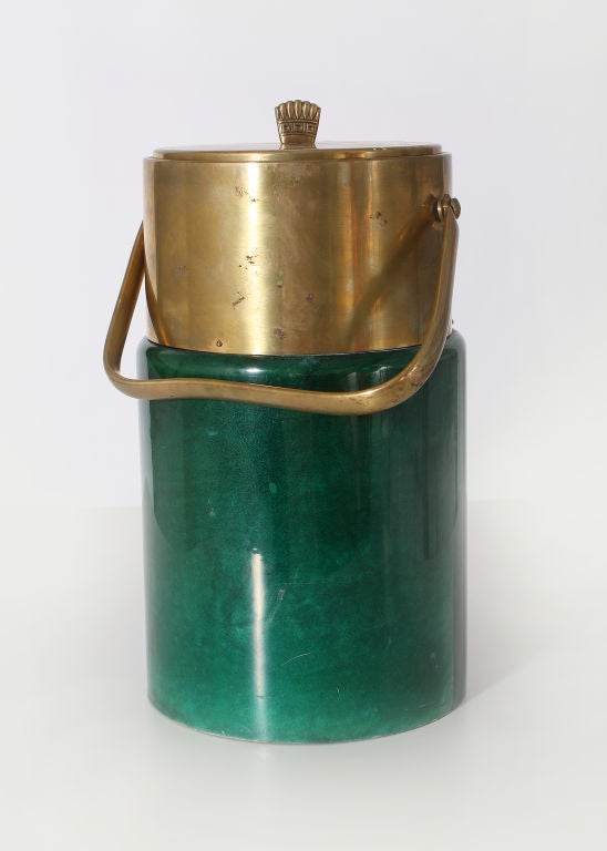 Green parchment Aldo Tura ice bucket with bronze detailing
