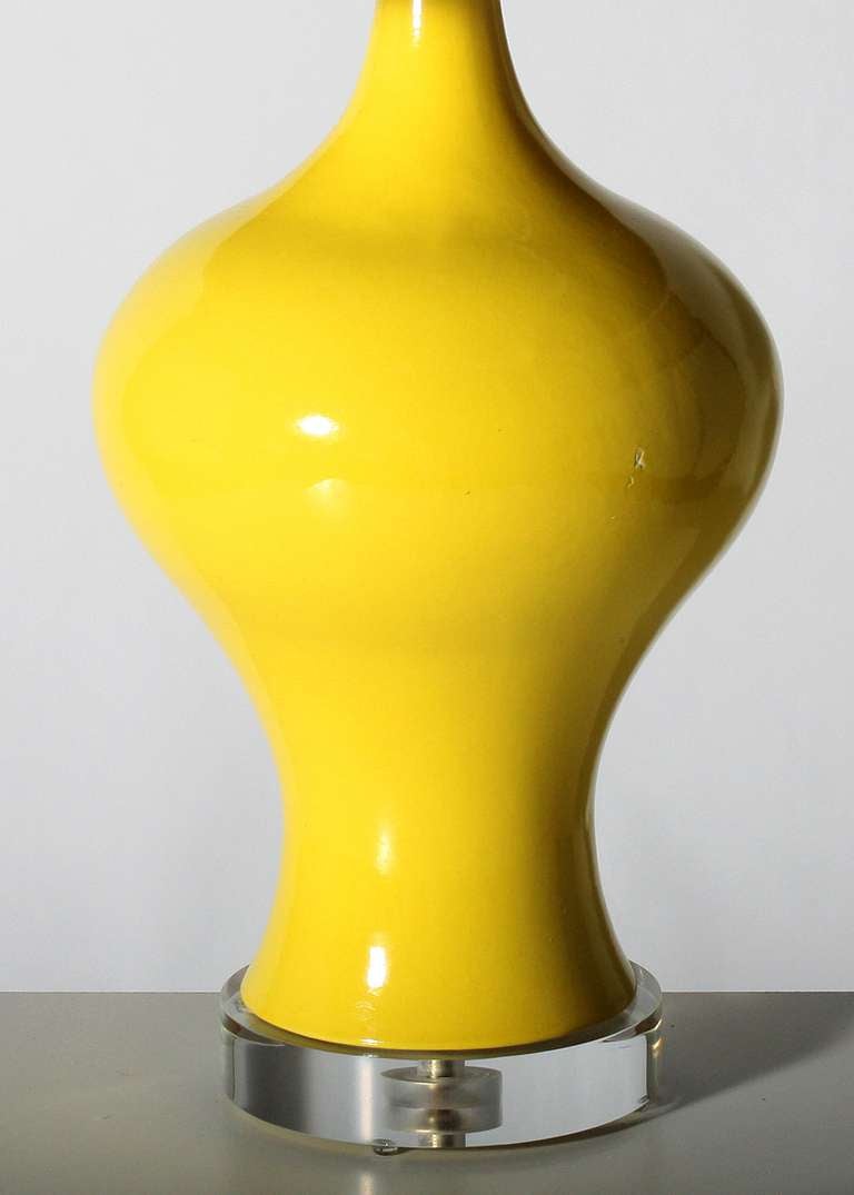 American Pair Of Yellow Glazed Ceramic Lamps, C. 1960