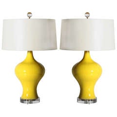 Pair Of Yellow Glazed Ceramic Lamps, C. 1960