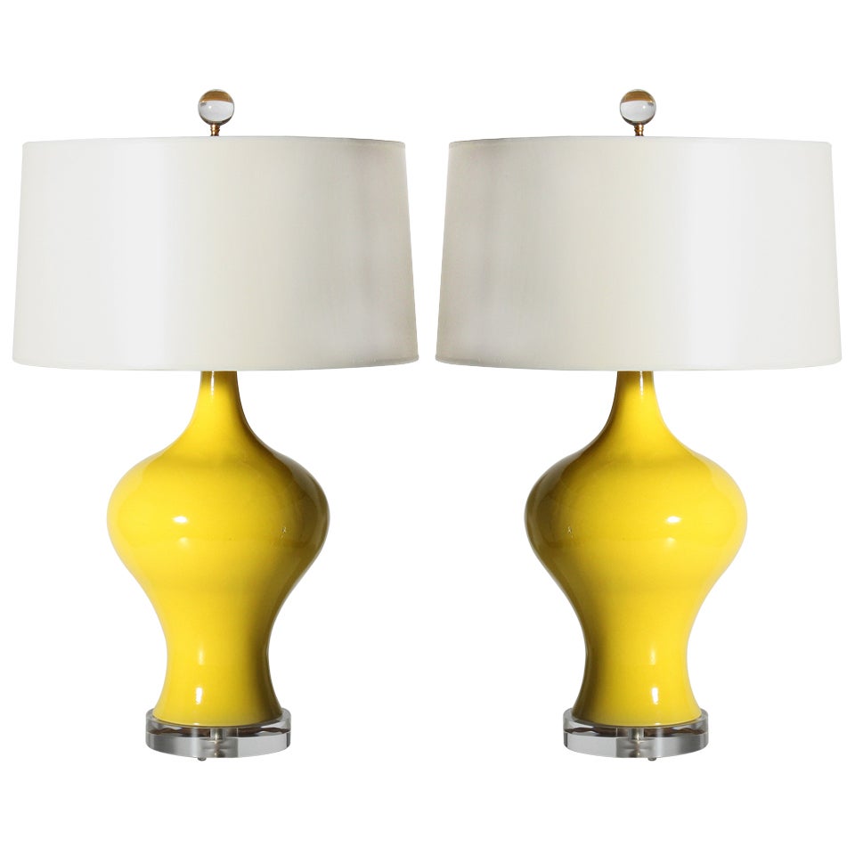 Pair Of Yellow Glazed Ceramic Lamps, C. 1960