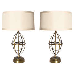 Vintage Pair of Brass Sundial Lamps, circa 1950