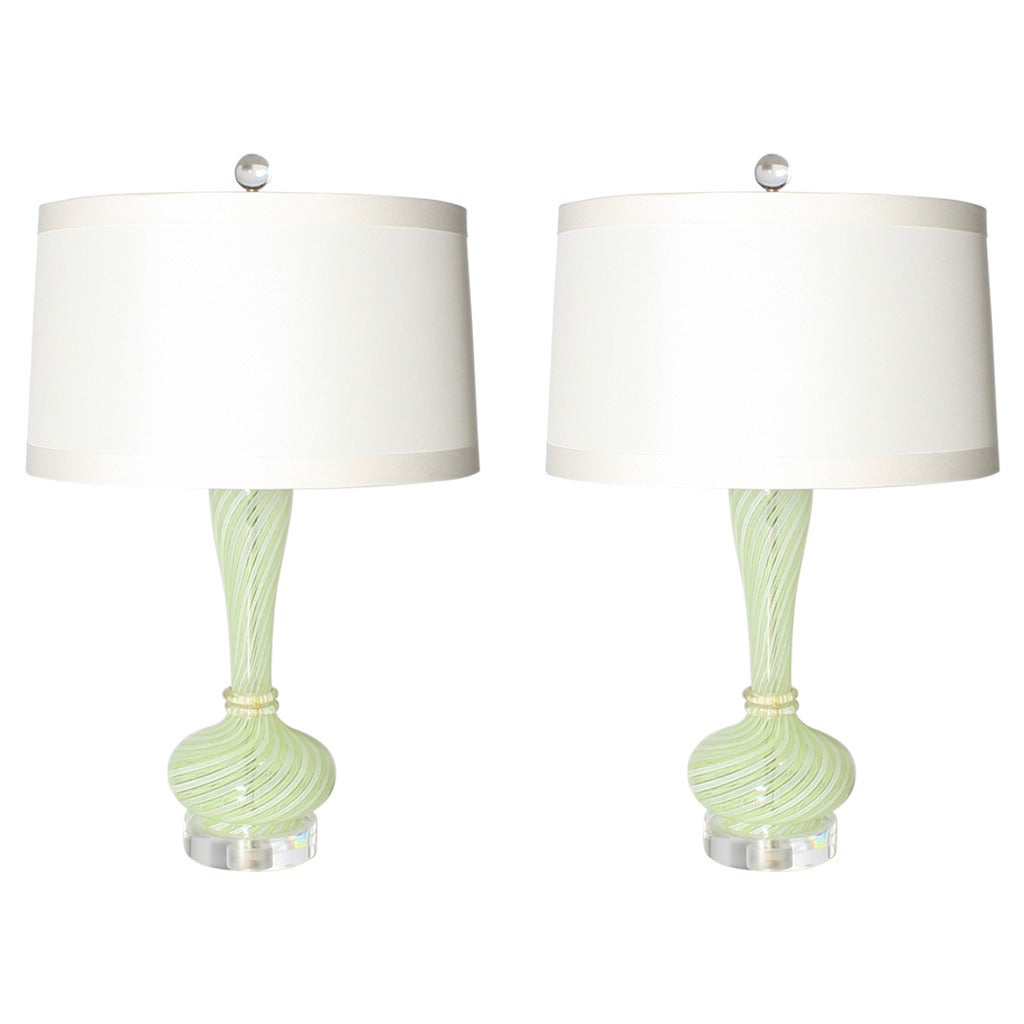 Pair of Mint and White Latticino Dino Martens Table Lamps, circa 1950