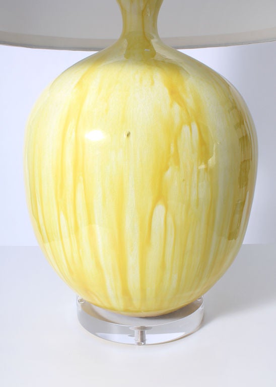 Mid-20th Century Pair of yellow ceramic drip glaze lamps