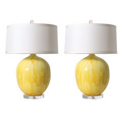 Pair of yellow ceramic drip glaze lamps