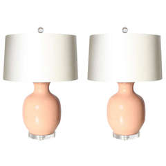 Pair of Pale Pink Crackle Lamps, Circa 1950