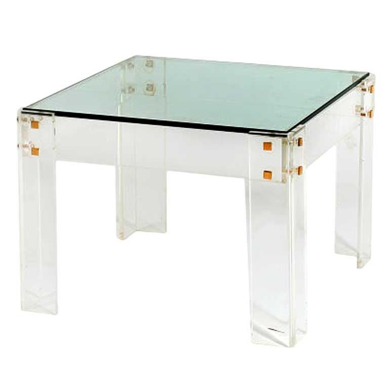 Small square Lucite table with glass top and bronze fittings