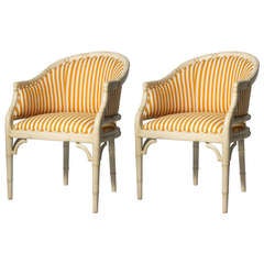 Pair of Faux Bamboo Barrel Chairs in Antique French Ivory, Circa 1960