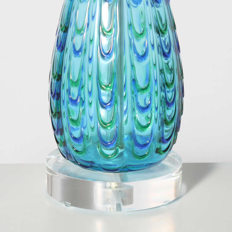 French Pair of Blue Green Loop Design Lamps, circa 1950
