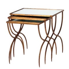 Set of 3 gold leaf iron nesting tables with mirrored tops Set of 3 gold leaf iron nesting tables with mirrored tops