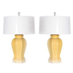 Pair of yellow ceramic lamps with white lattice