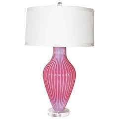 Large Pink Opaline Ribbed Murano Glass Lamp, circa 1950