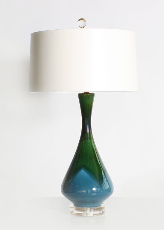 Blue & green ceramic drip glaze lamp with custom Lucite base, lacquered shade & silk cord.