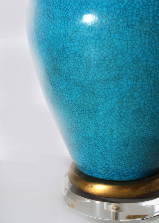 Pair of dark turquoise crackle ceramic Frederick Cooper lamps