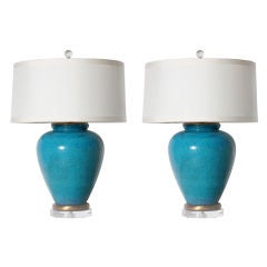 Pair of dark turquoise crackle ceramic Frederick Cooper lamps