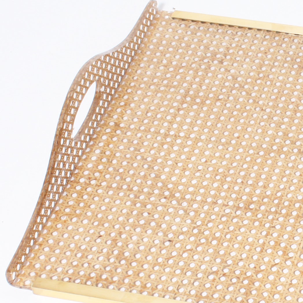 Christian Dior Modernist Lucite tray with brass galleries and real rattan canework
