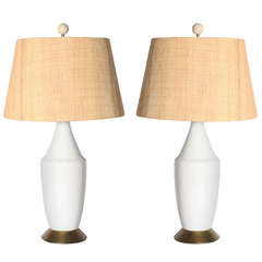 Pair of White Ceramic Lamps with Bronze Base and Raffia Shades, circa 1960