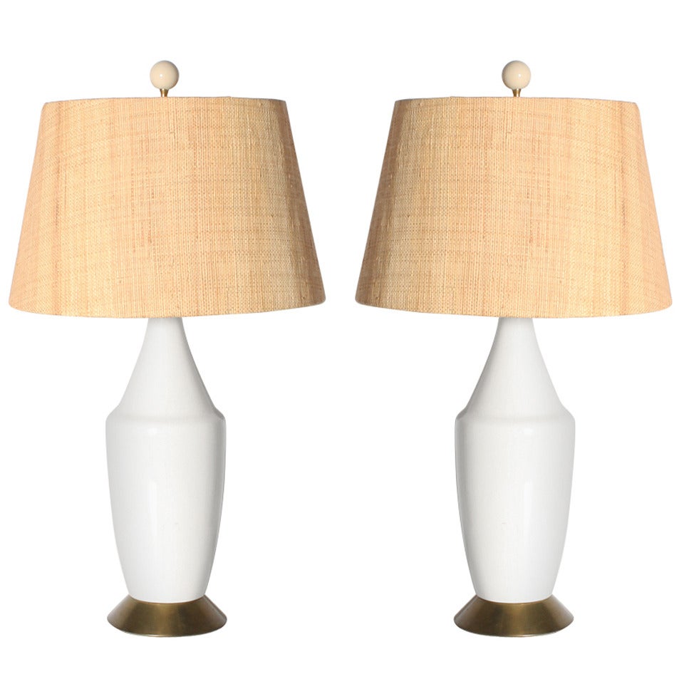 Pair of White Ceramic Lamps with Bronze Base and Raffia Shades, circa 1960