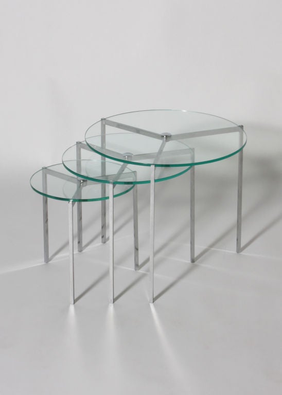 Danish Round nickel nest of tables with glass tops by Pol Kjench