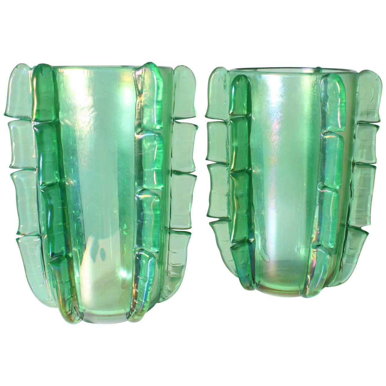 Pair of Green Murano Vases Signed by Pino Signoretto, circa 2000