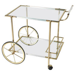 Brass and Lucite Bar Cart with Antique Wheels, circa 1950