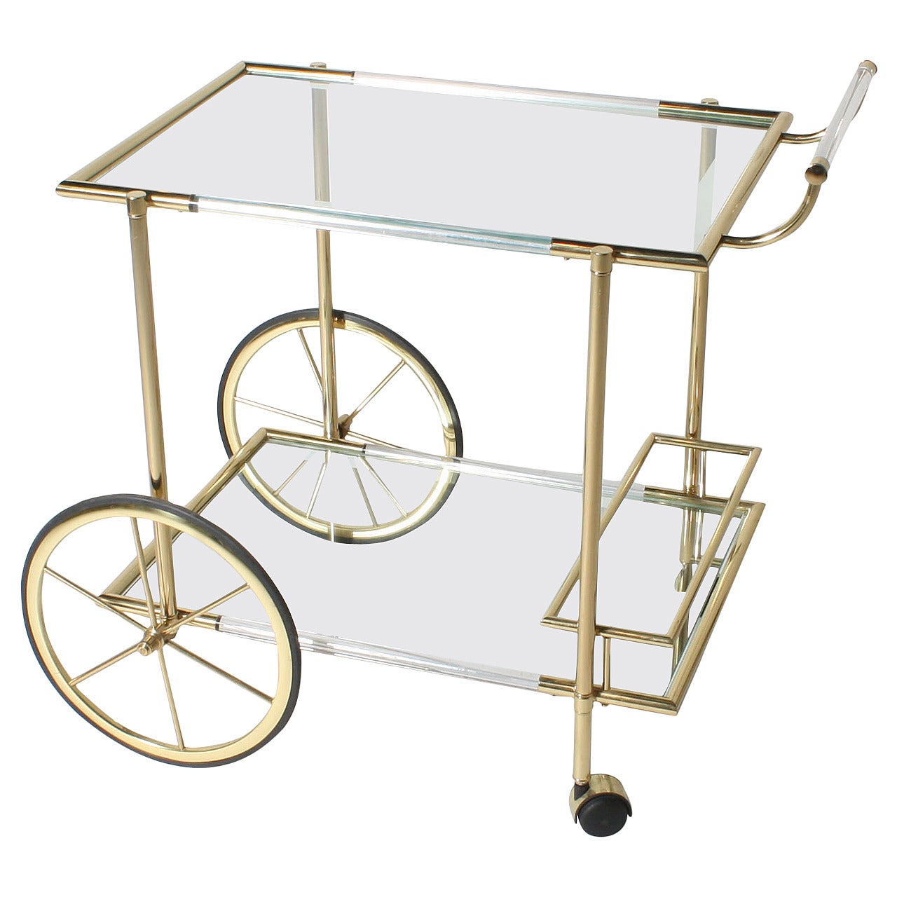 Brass and Lucite Bar Cart with Antique Wheels, circa 1950