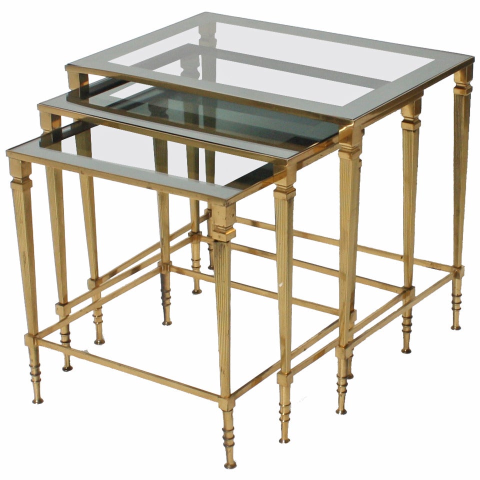 French Brass Nest of Tables with Glass Tops