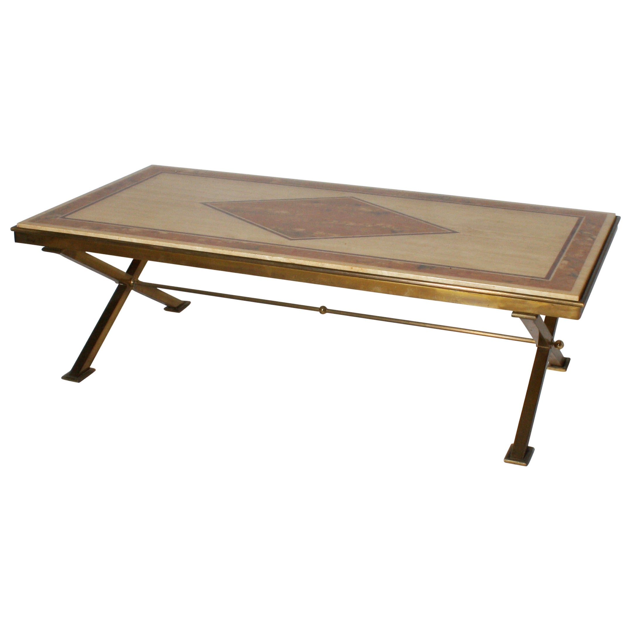 1950s Bronze X-Base Coffee Table with Travertine-Top and Faux Marble by Jansen