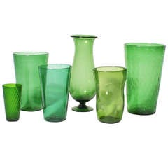 Set of 6 Green Empoli Glass Vases Made Near Florence ca. 1940