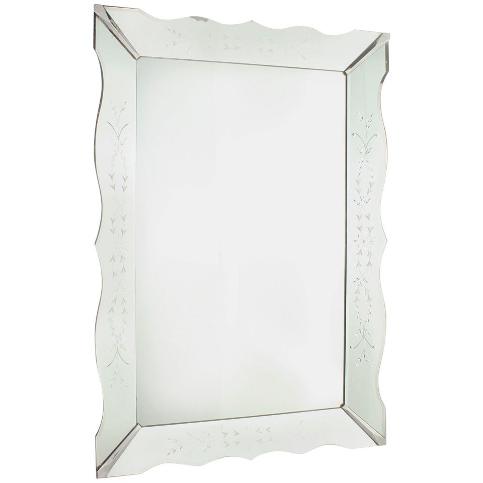 French Mirror Frame Mirror with Etching, circa 1940