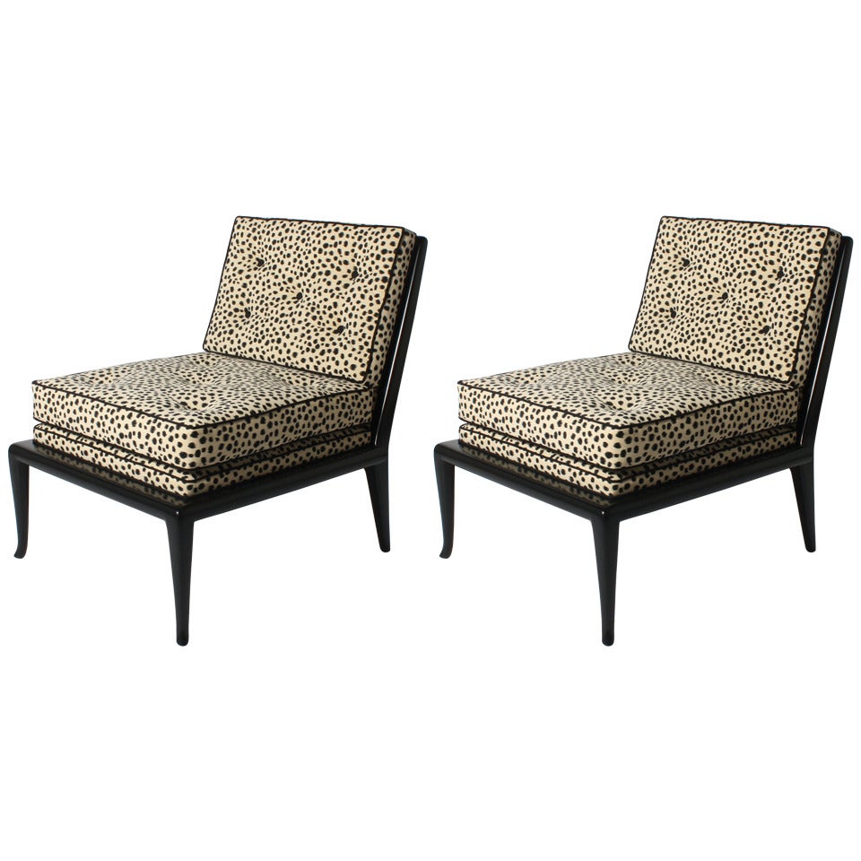 Pair of tufted slipper chairs covered in snow leopard fabric, c. 1960