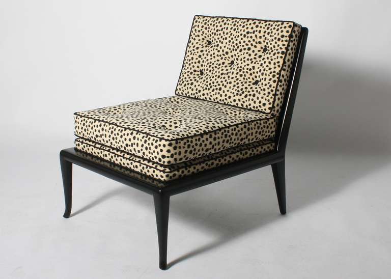 French Pair of tufted slipper chairs covered in snow leopard fabric, c. 1960