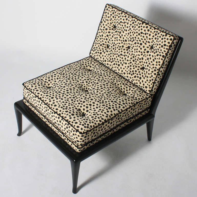 Mid-20th Century Pair of tufted slipper chairs covered in snow leopard fabric, c. 1960