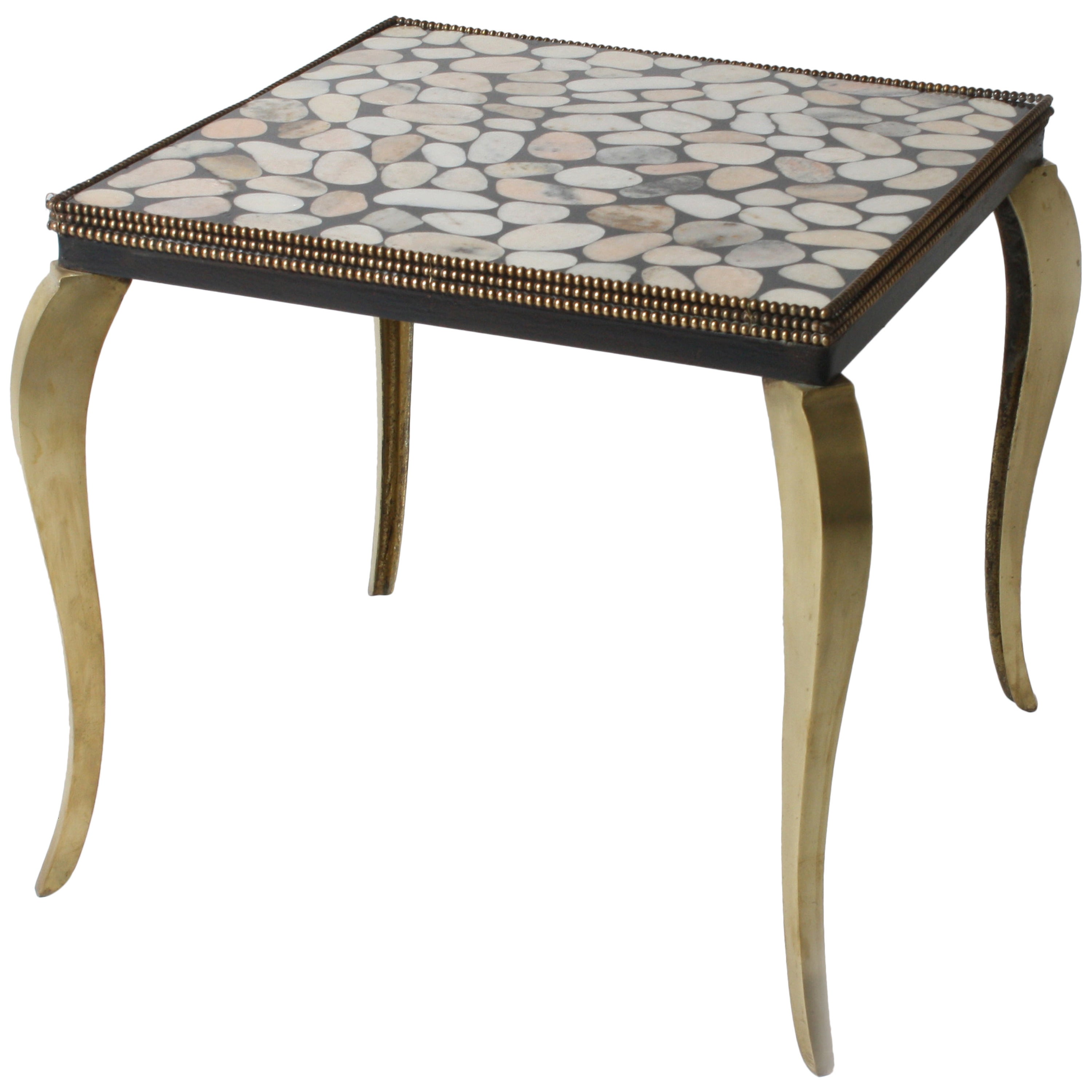 Side table with bronze base and inlaid pieced marble top, c. 1950