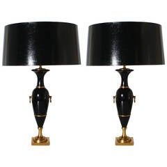 Pair of Black Lacquer Lamps Attributed to Jansen with Original Metal Shades