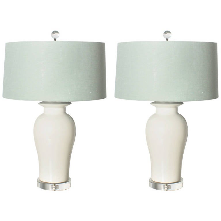 Pair of White Ceramic Lamps with Blue Linen Shades at 1stdibs