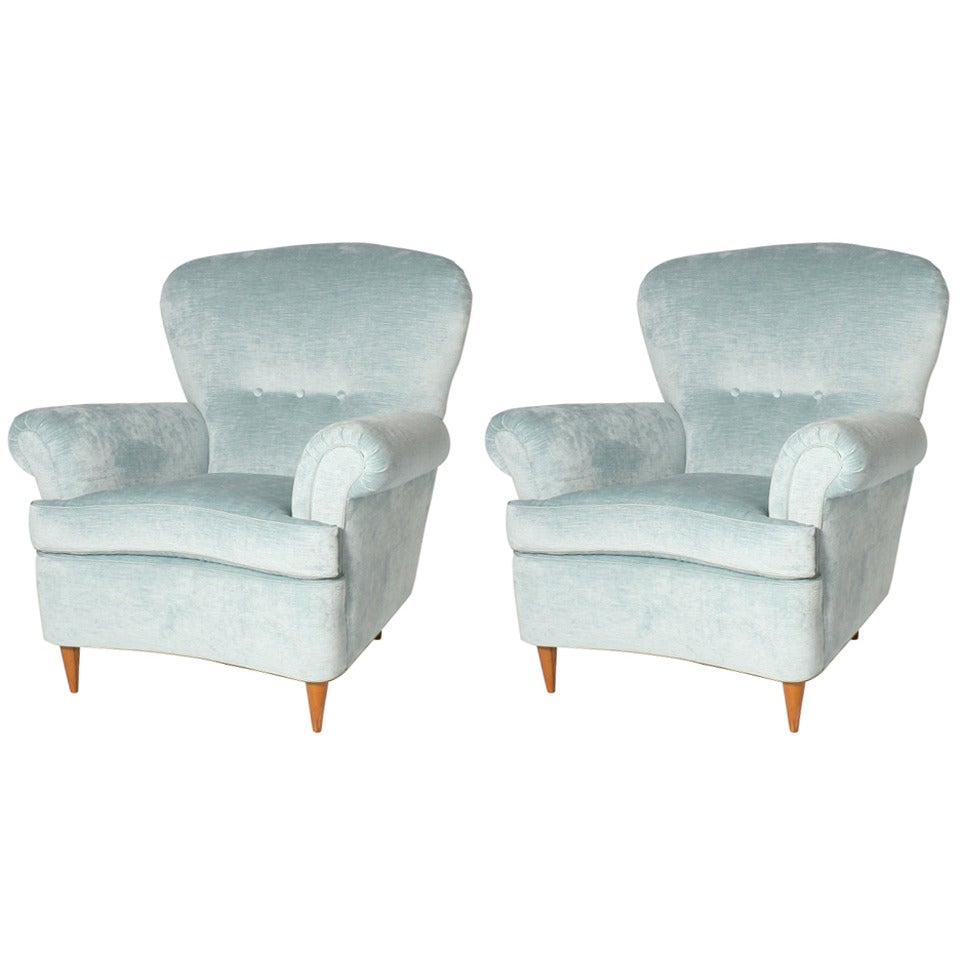 Pair of Italian Blue Velvet Armchairs, circa 1950