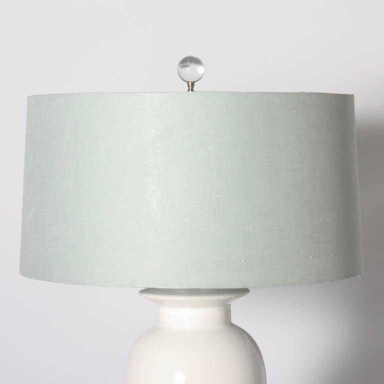 Pair of White Ceramic Lamps with Blue Linen Shades at 1stdibs