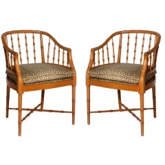 Pair Of Faux Bamboo Hollywood Regency Style Barrel Back Chairs