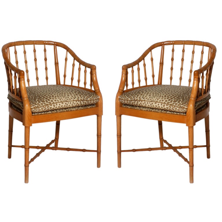 Pair Of Faux Bamboo Hollywood Regency Style Barrel Back Chairs at 1stDibs