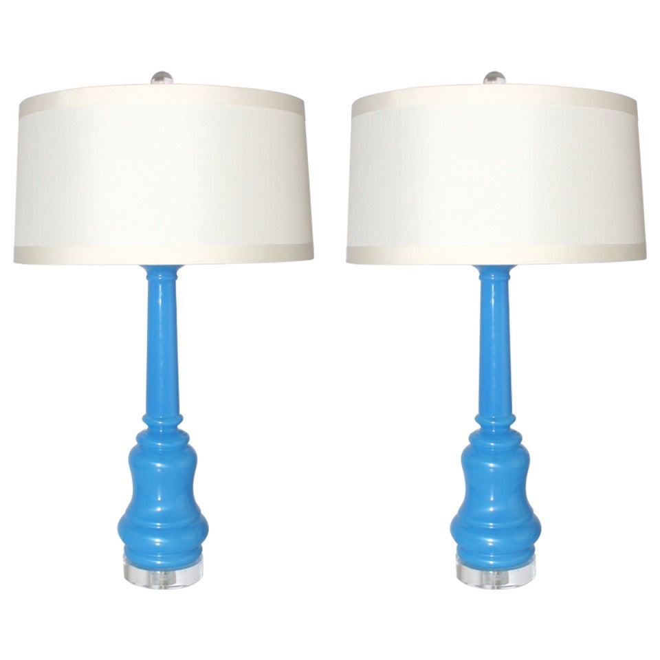 Pair of Blue Art Glass Lamps, circa 1960