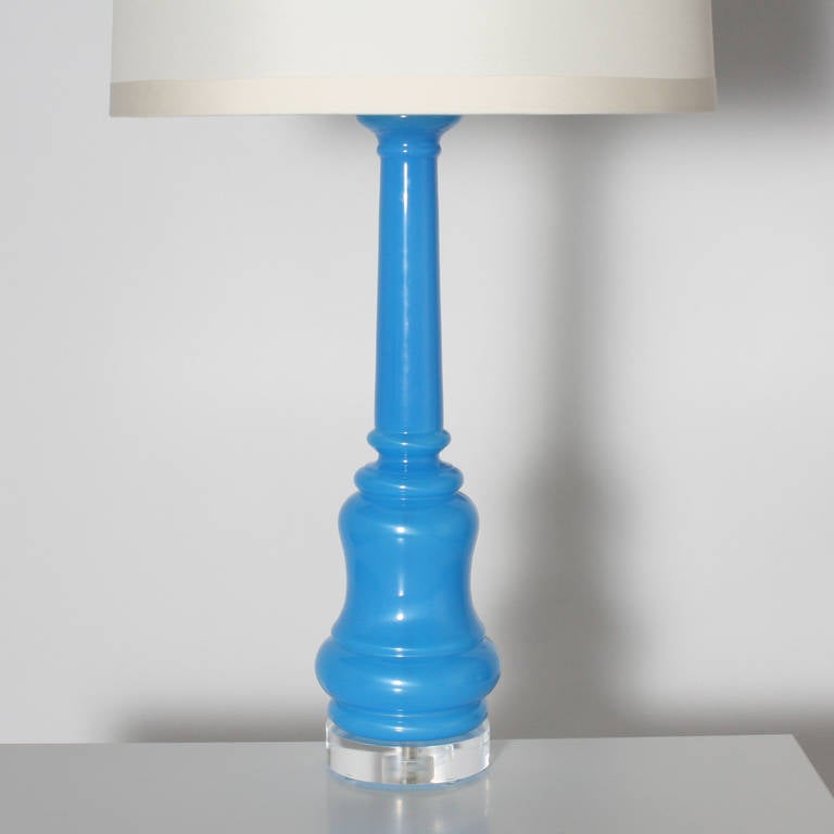 American Pair of Blue Art Glass Lamps, circa 1960