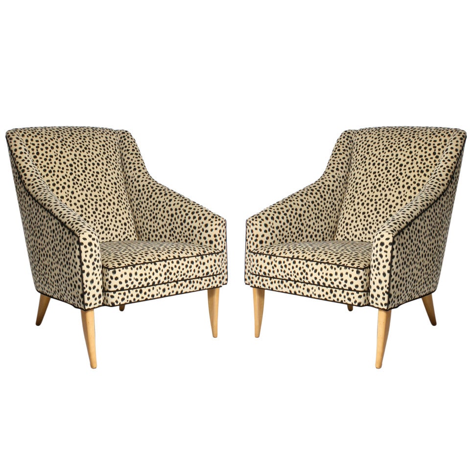 Pair of armchairs covered in snow leopard fabric, c. 1960