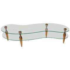 French glass merisier and bronze amorphic coffee table, c. 1950