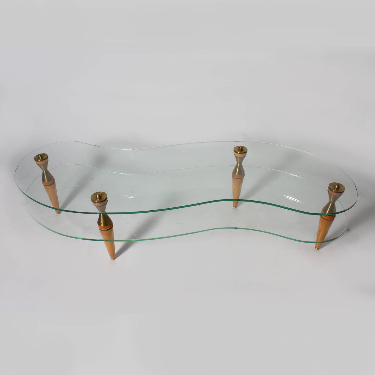 French glass merisier and bronze amorphic coffee table, c. 1950 In Good Condition In Dallas, TX