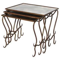 French Nesting Tables with Mirror Tops in the Style of Rene Drouet, circa 1940